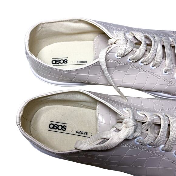 ASOS Design Italian Dismiss Lace Up Lug Trim Chunky Sneakers Glossy Beige Tan 7 - Picture 5 of 6
